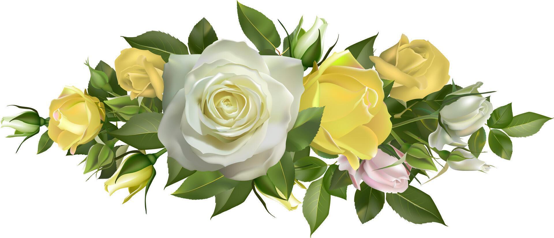 Beautiful floral arrangement featuring yellow and white roses with lush green leaves. Perfect for wedding decor, romantic settings, or nature themed designs vector