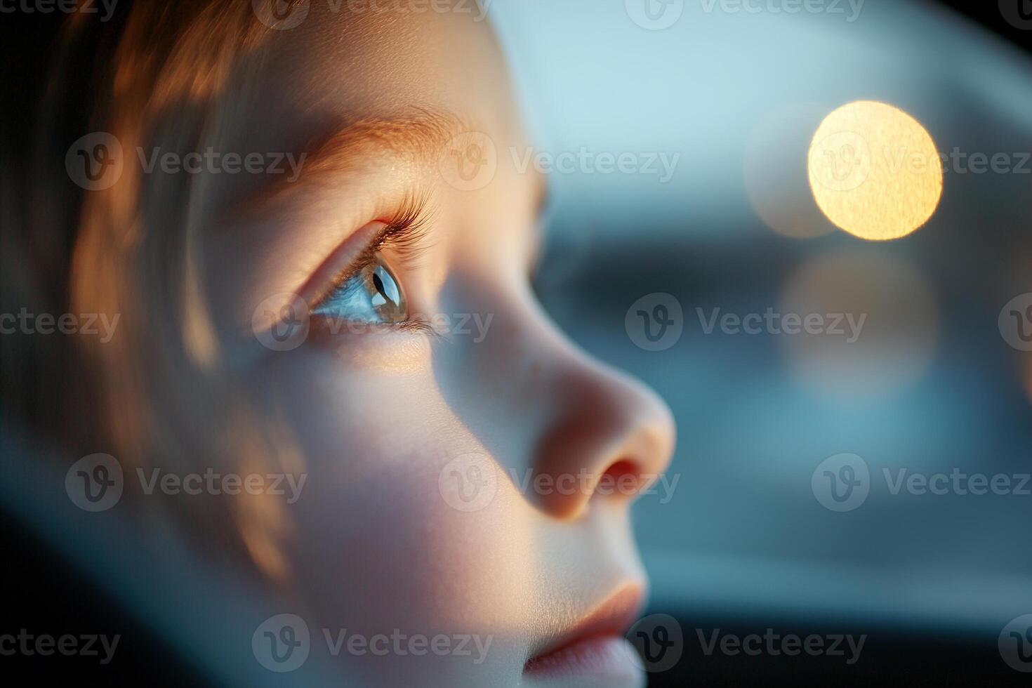 A child is filled with excitement while looking out the window of a car, soft sunlight reflecting on their face as the scenery rushes by during a joyful family road trip photo