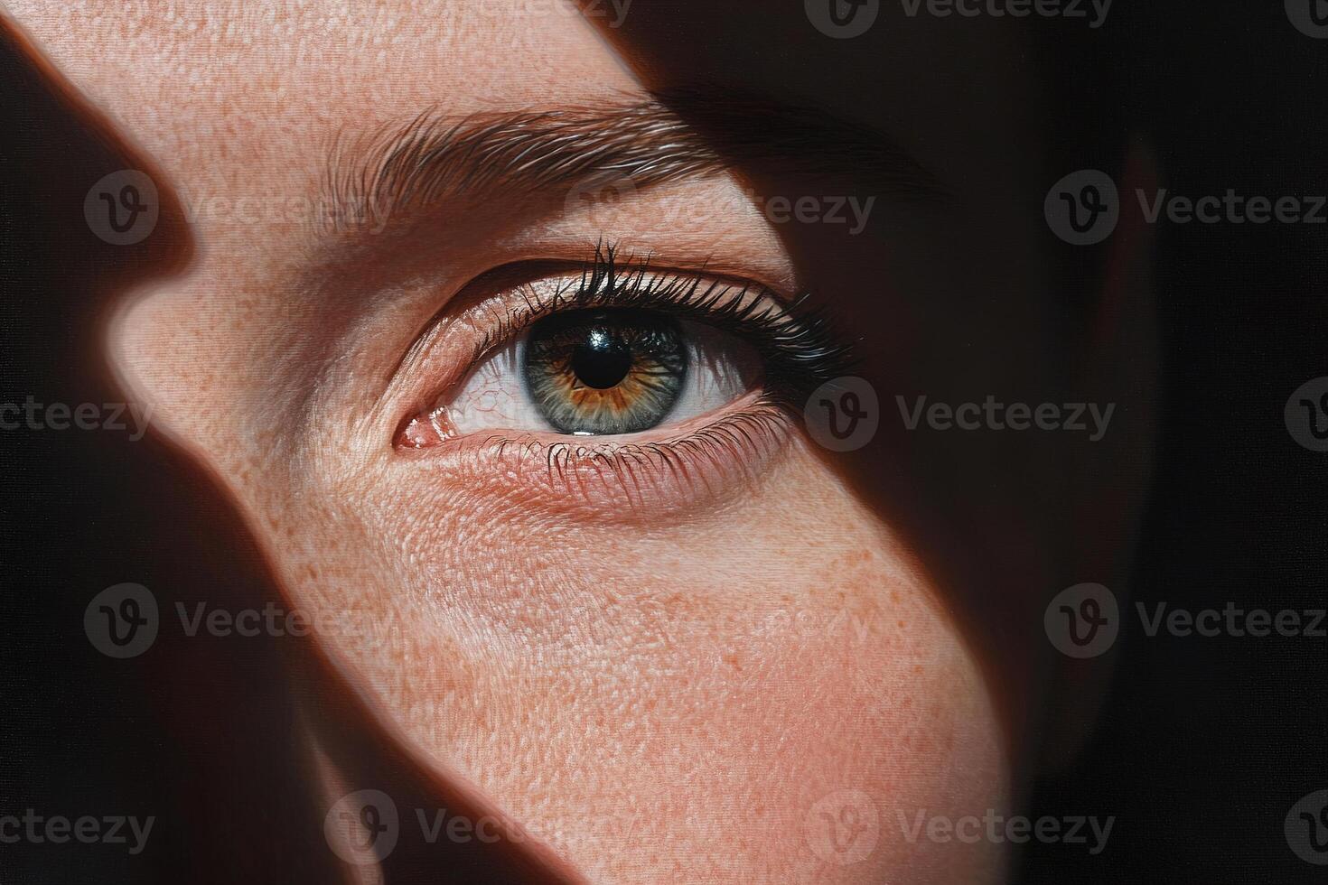 Half of a person's face is shrouded in deep shadows, highlighting one striking eye that looks intensely at the viewer, creating a powerful visual impact photo