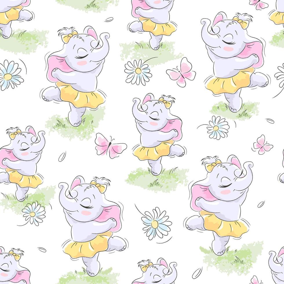Cartoon cute seamless pattern elephant ballerina. Print on clothes and fabric. Fashionable seamless pattern. vector