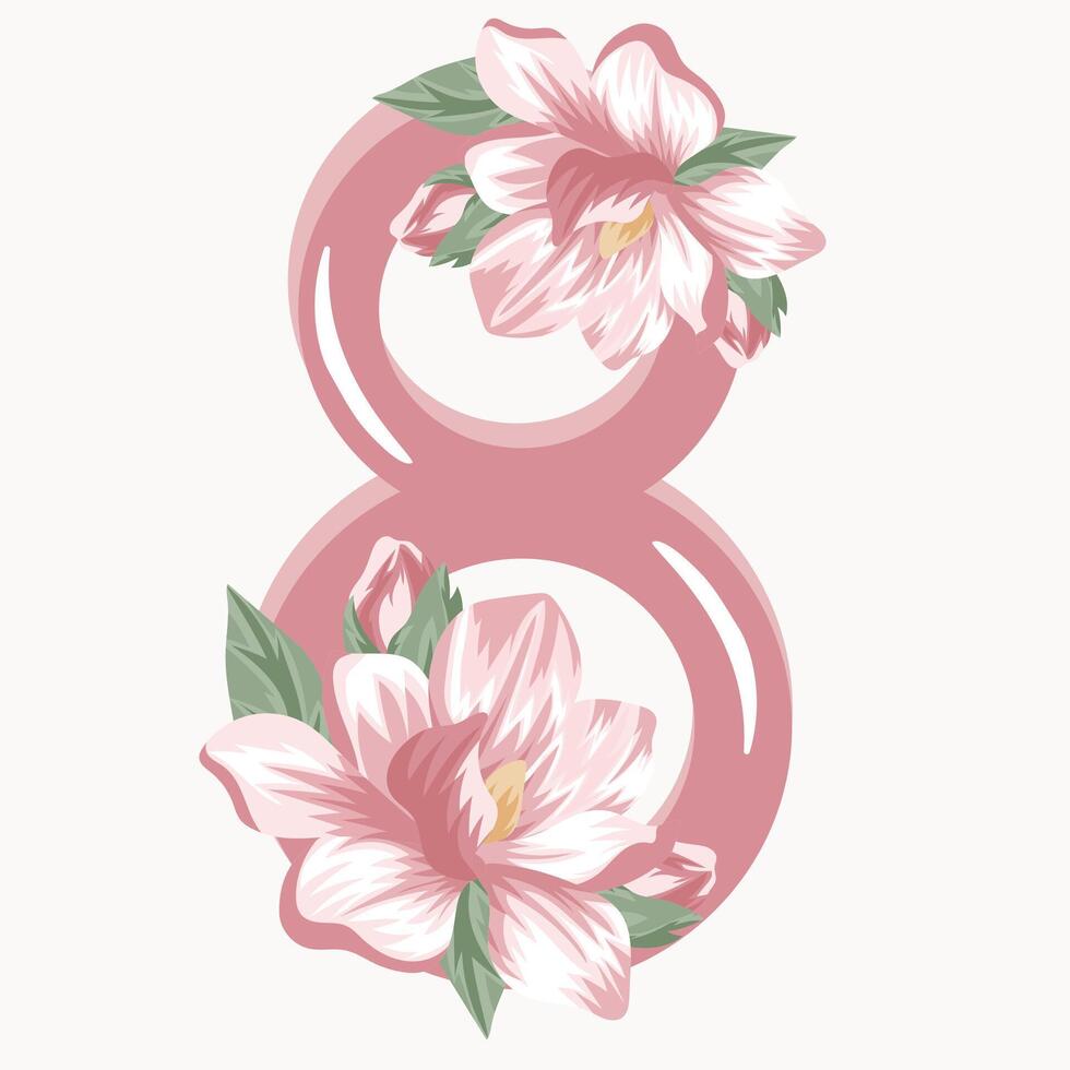 floral, festive design of eight in pink color with pink magnolias that half cover the number, decor for invitations, cards or posters vector