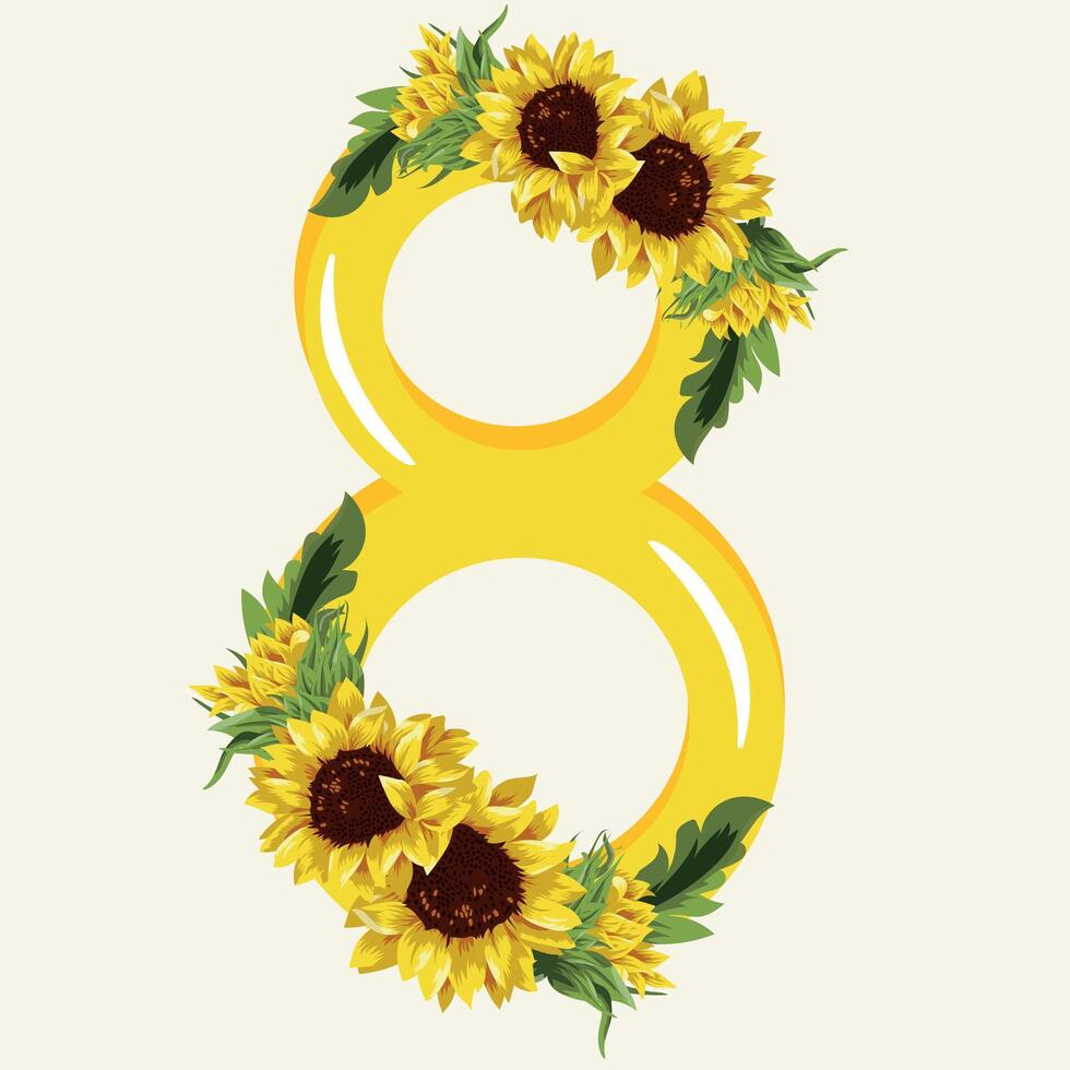 floral, festive design of eight in pink color with yellow sunflowers that half cover the number, decor for invitations, cards or posters vector