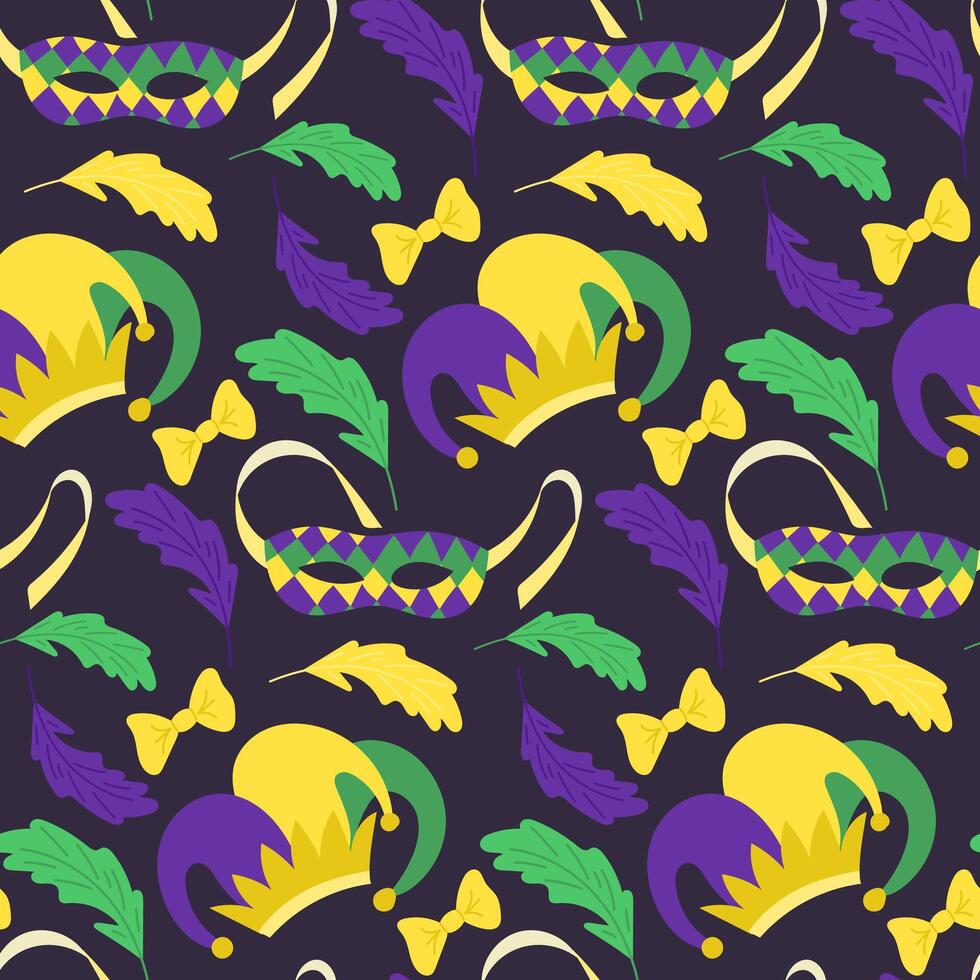 Seamless pattern with colorful Mardi Gras masks, jester hats, feathers, and bows in purple, green, and yellow on a dark background vector