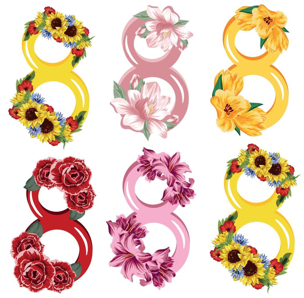 set of floral frames, namely opened buds of various flowers and green leaves in the shape of a figure eight for Women's Day, for posters, banners or holiday cards vector