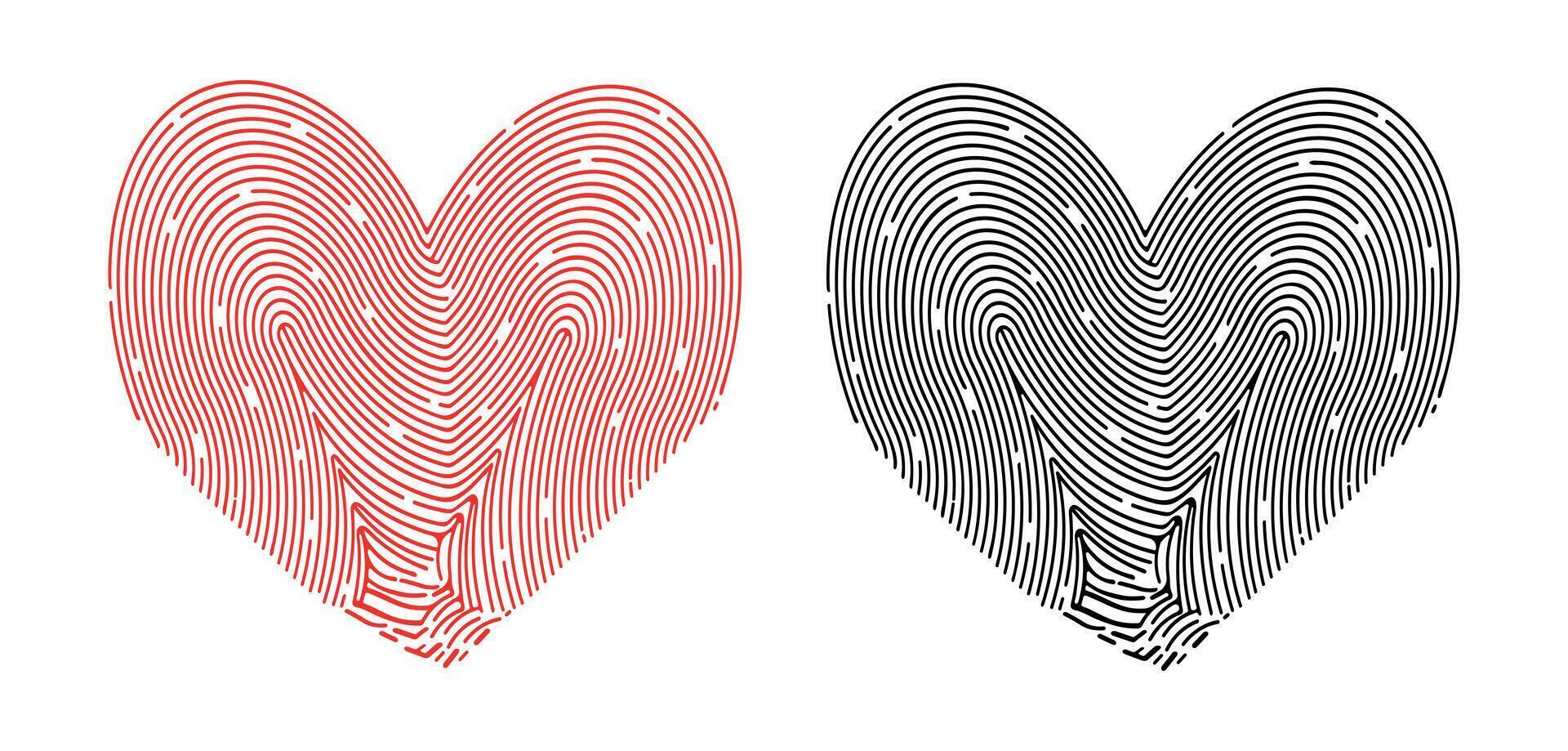 Set of fingerprints in color and graphic heart in cartoon style. Flat illustration of fingerprints in the shape of red and black hearts isolated on white background. Symbol of love. Day of all lovers vector