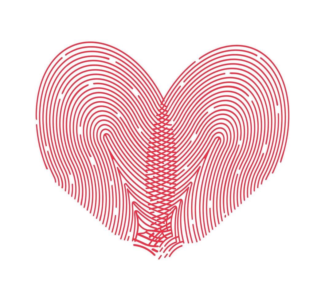 Fingerprint heart in cartoon style. Flat illustration of beautiful fingerprints in the shape of a red heart isolated on a white background. Symbol of love. Day of all lovers.Wedding. Design element. vector