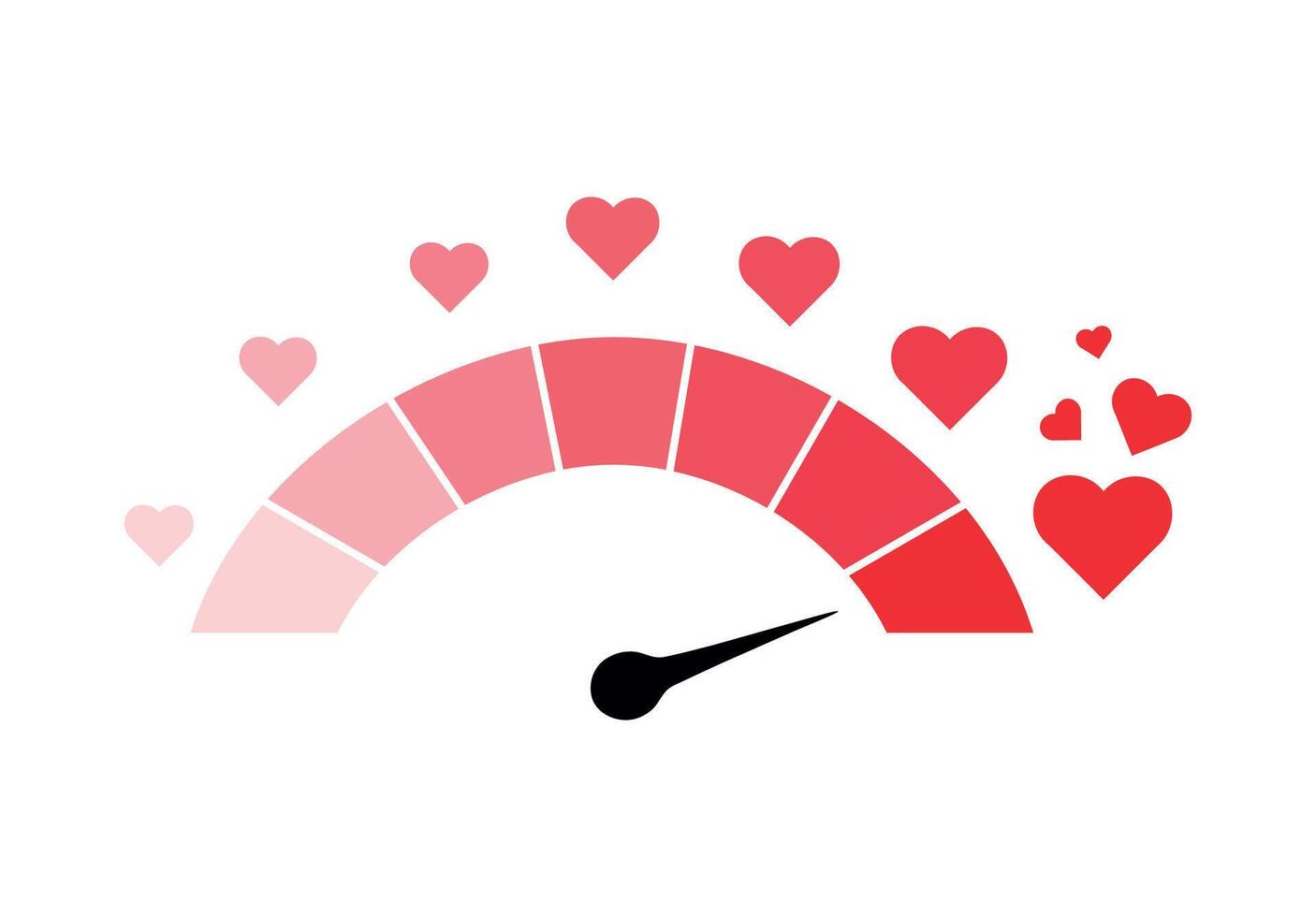 Love meter with red hearts in cartoon style. Illustration of speedometer with passion level indicator isolated on white background. A test for measuring romance, feelings, and the power of love. vector