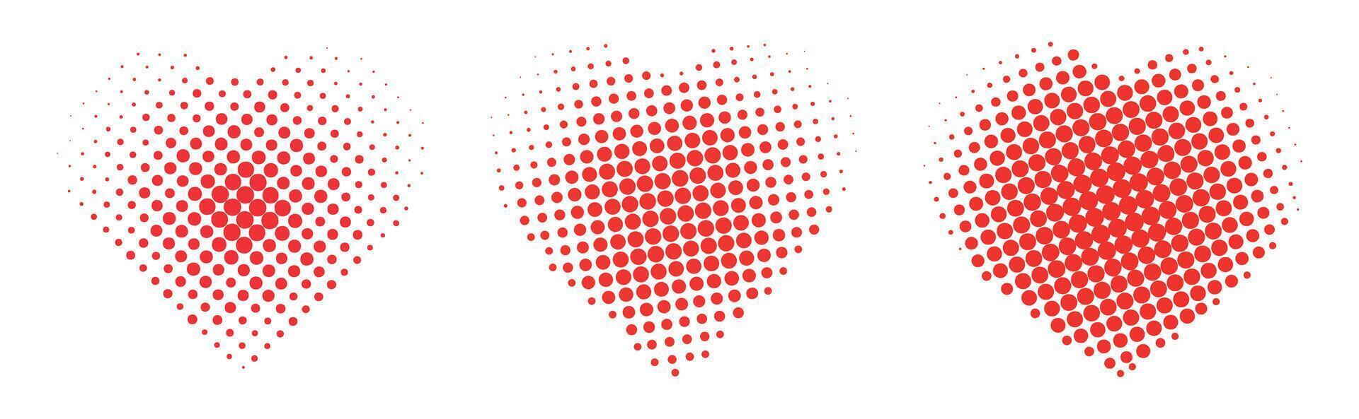 Set of halftone red hearts isolated on white background. Flat illustration of beautiful hearts of different shapes with halftone. Concept of love. vector