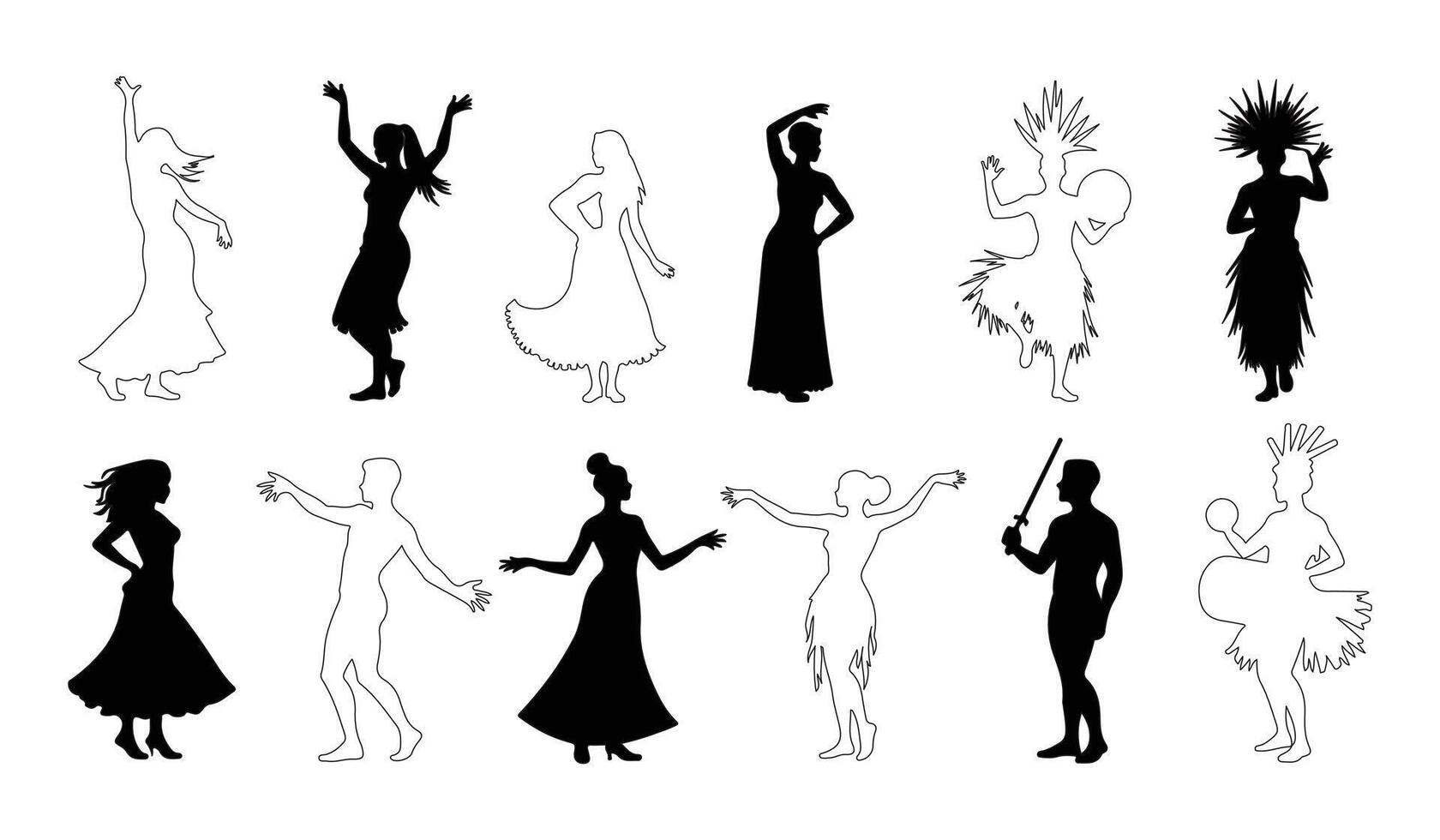 collection of dancing people silhouettes in various styles, black and white dance movements for creative use, dancing silhouette bundle vector