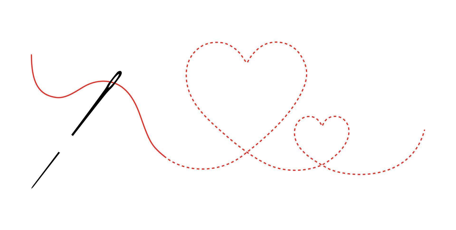 Needle with red thread in the shape of a heart. Heart embroidered seam forward. Flat illustration of a heart outline. vector