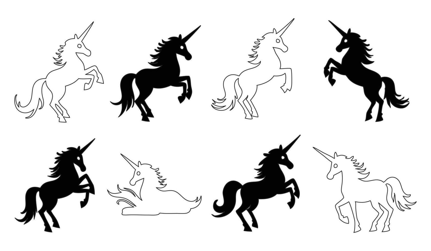 collection of unicorn silhouettes in different poses, running, standing, and resting, perfect for fantasy designs, unicorn silhouette bundle vector