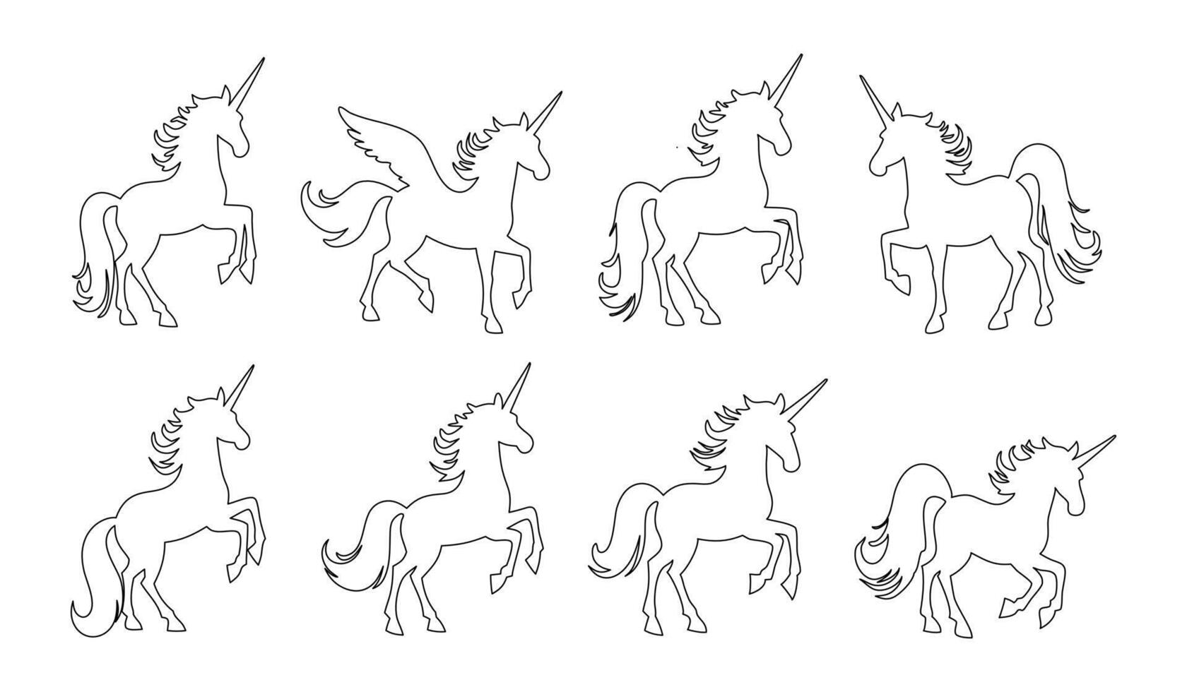 outline drawings of unicorns in various positions, black and white fantasy illustration, ideal for coloring books, unicorn outline bundle vector
