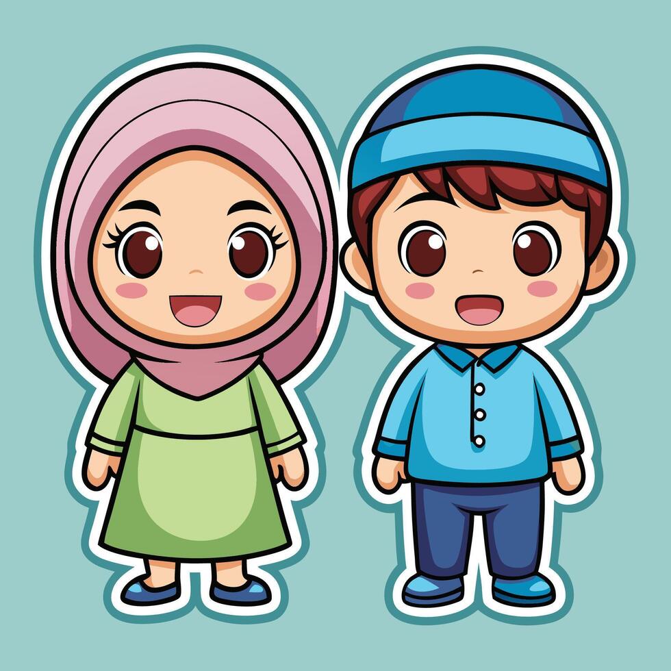 cartoon muslim boy and girl,on a white background vector