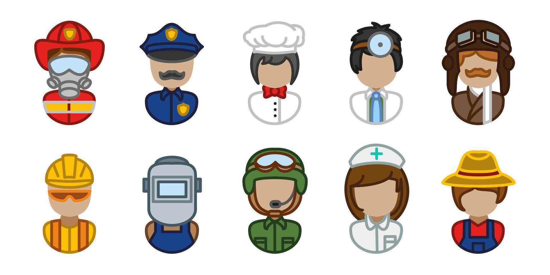 Occupation characters colored icon set. Profession people colorful illustrations. Job uniform cartoon characters. Professional career person. Fireman, police officer, chef, doctor, engineer. vector