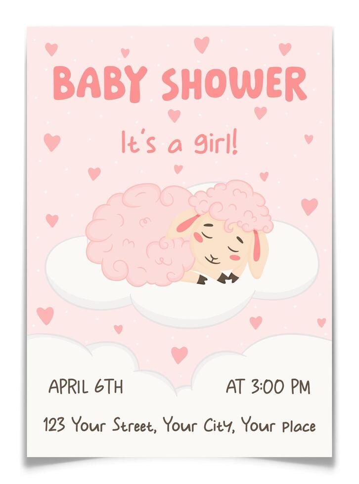 Baby Shower Invitation Card for Girl with Lamb. vector