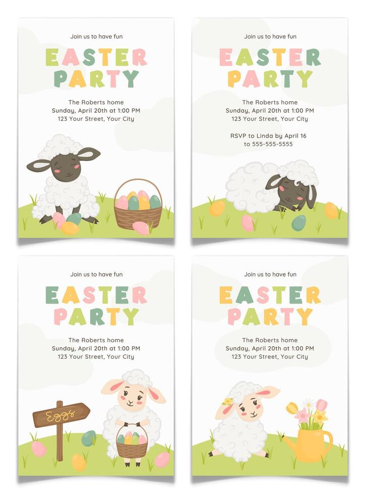 Easter Party Invitation Postcards Set with Lamb. vector
