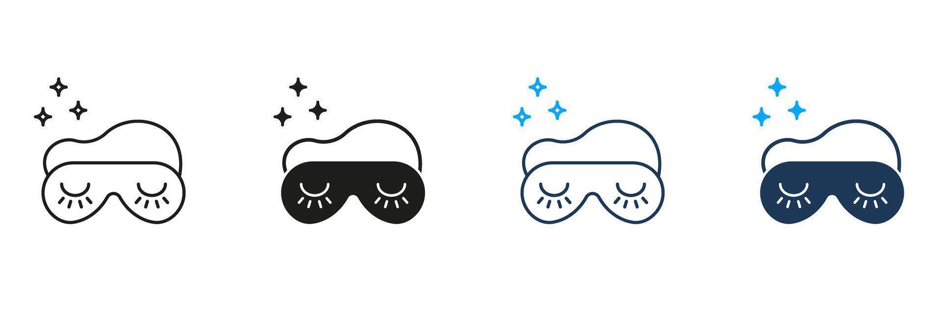 Sleep Mask with Stars Line and Silhouette Icon Set. Restful Night and Dreaming Symbol. Eye Mask for Sleeping. Nighttime Comfort. Editable Stroke. Isolated Illustration vector