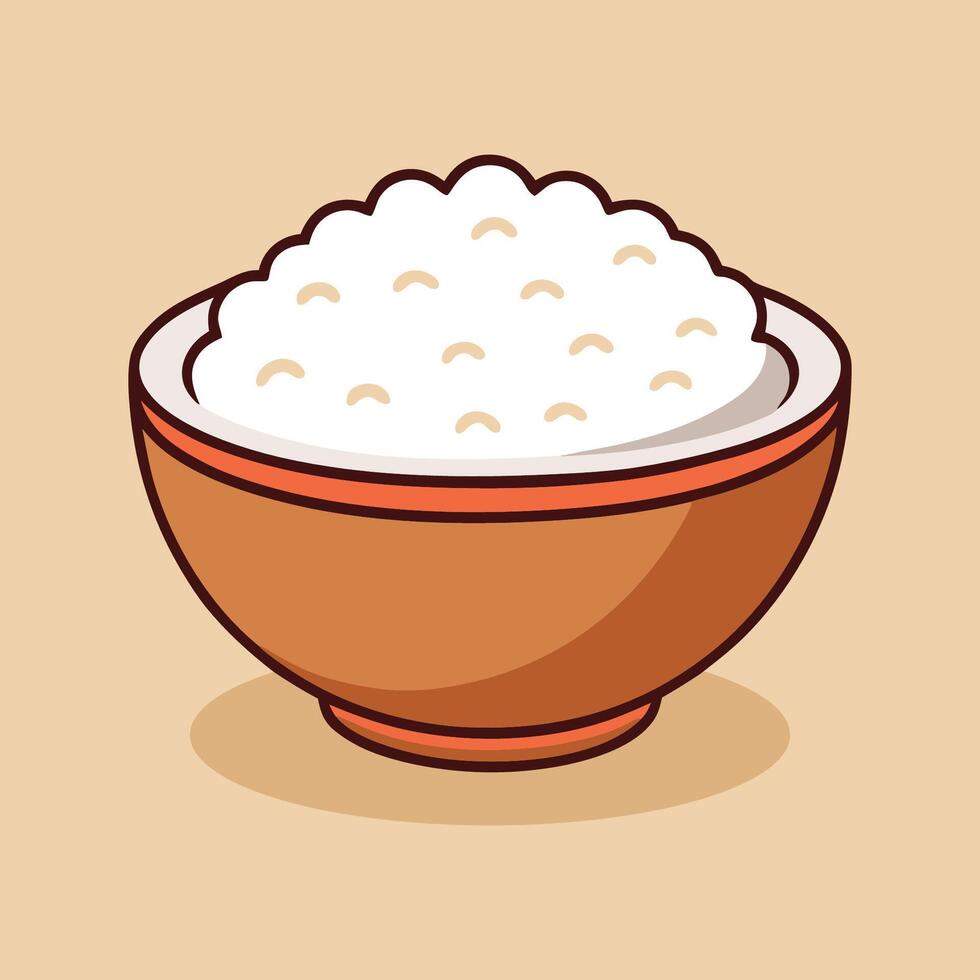 Rice in a Bowl Cartoon Illustration Rice Food Flat Icon Outline vector
