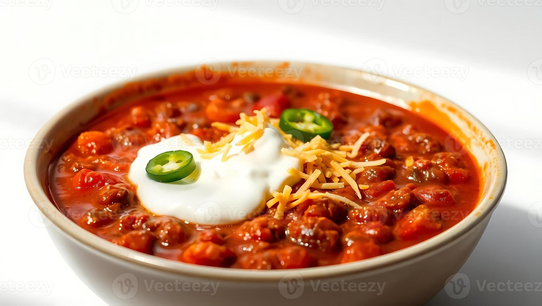 Hearty chili with beans topped with sour cream and cheese in a bowl photo