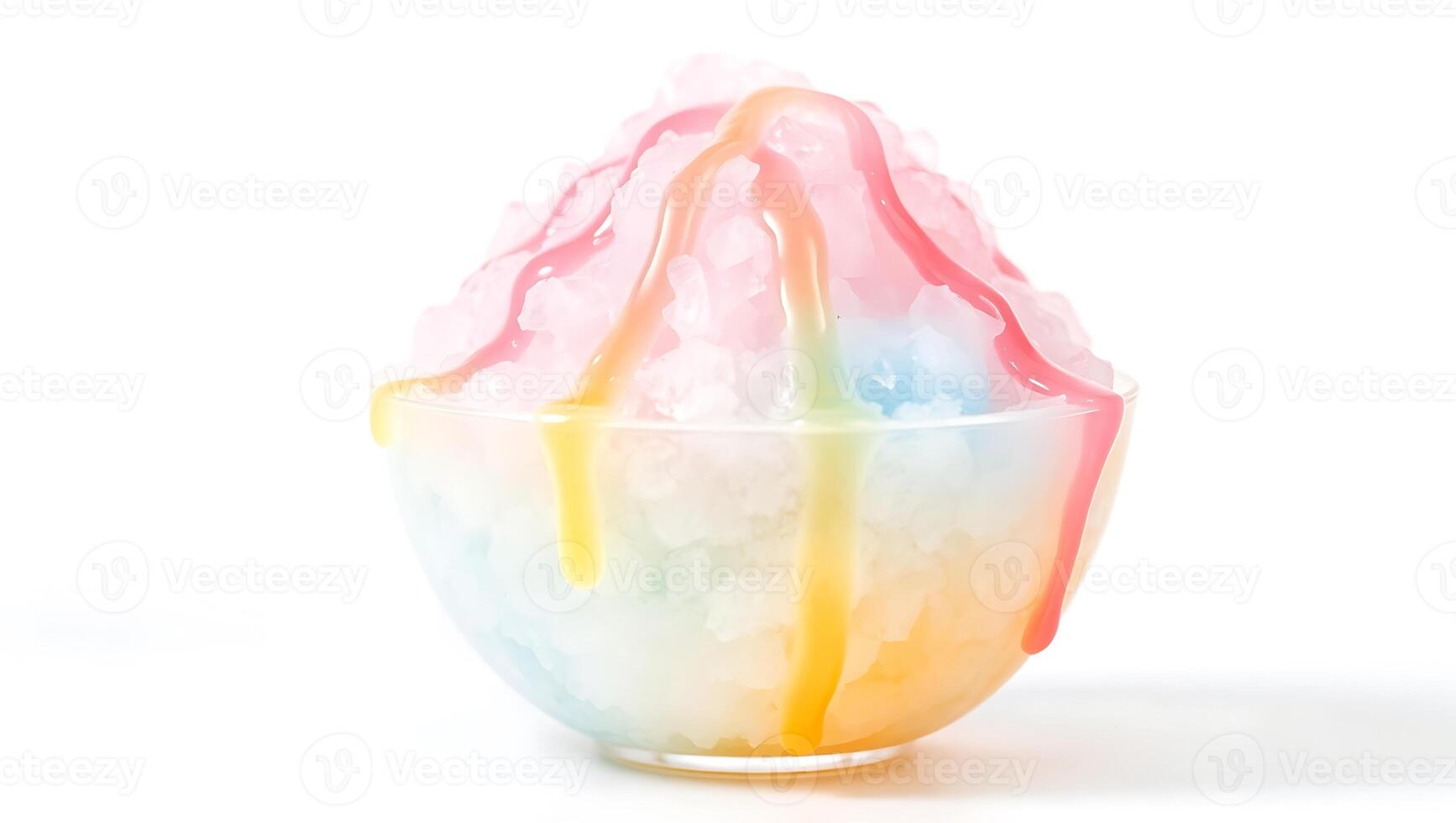 Colorful ice treat with syrup drizzles in a clear bowl photo
