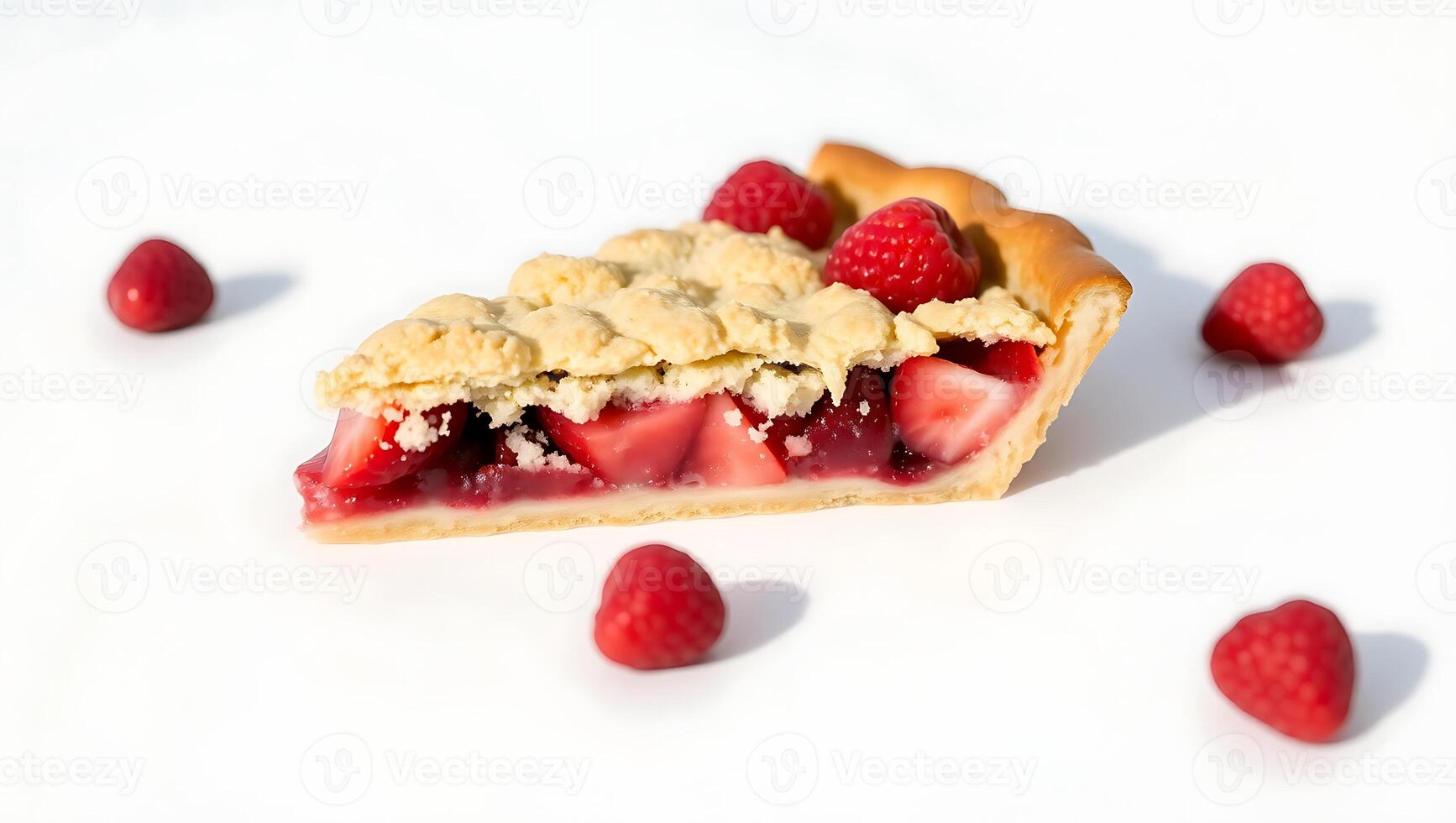 Strawberry pie slice with juicy fruit and crumbs on a plain background photo