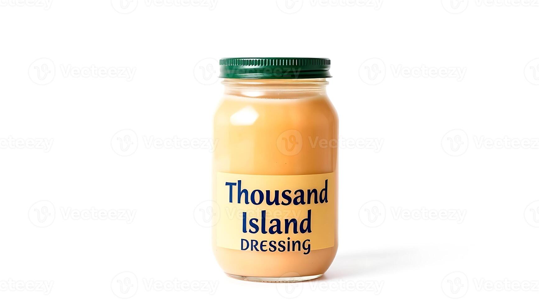 Thousand Island dressing in a glass jar with green lid on a plain surface photo