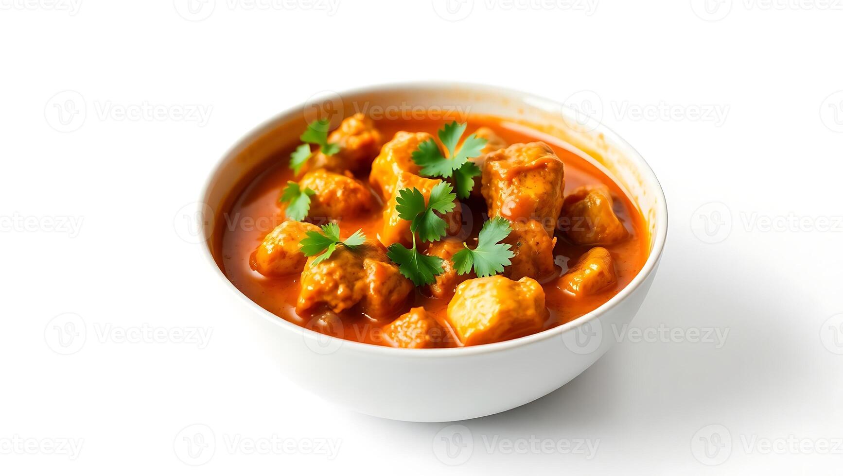 Delicious curry dish with tender chicken and fresh herbs on white background photo