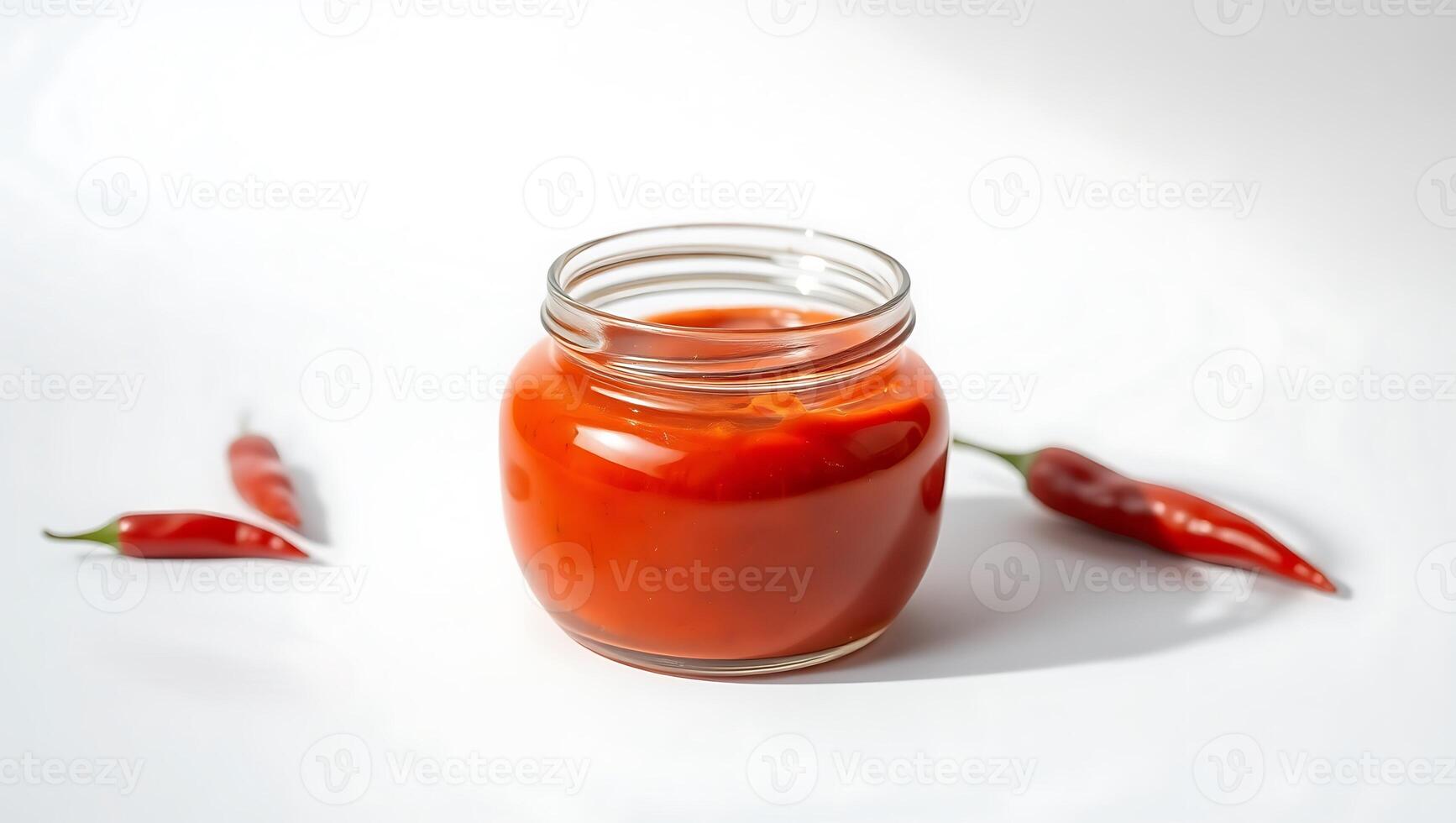 Spicy red chili sauce in a jar with fresh peppers on a clean surface photo