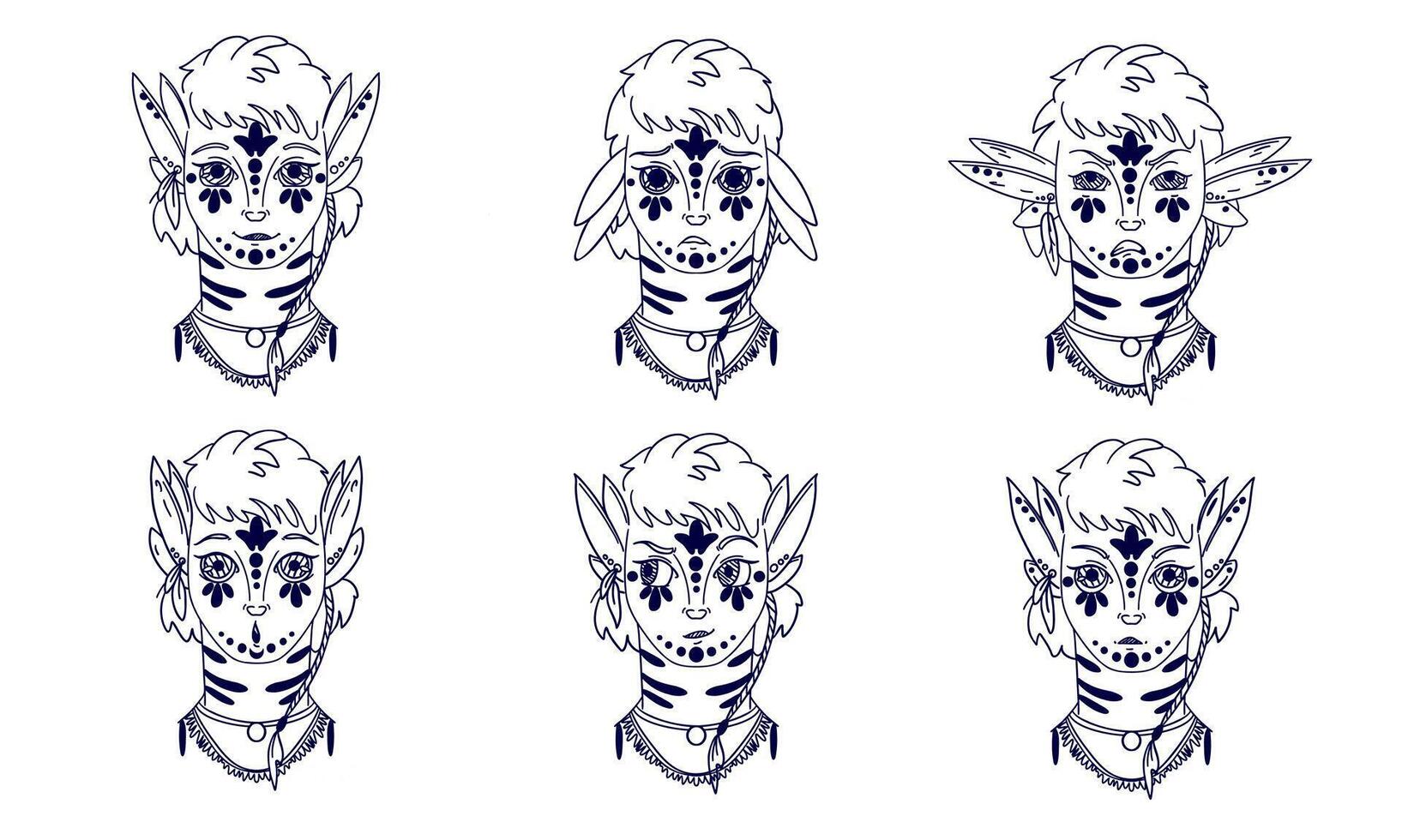 Monster set for expressing emotions. Hand drawn, doodle illustrations in black and white, ink style. Fictional avatar. calm, angry, surprised, smiling, zayplaying. vector