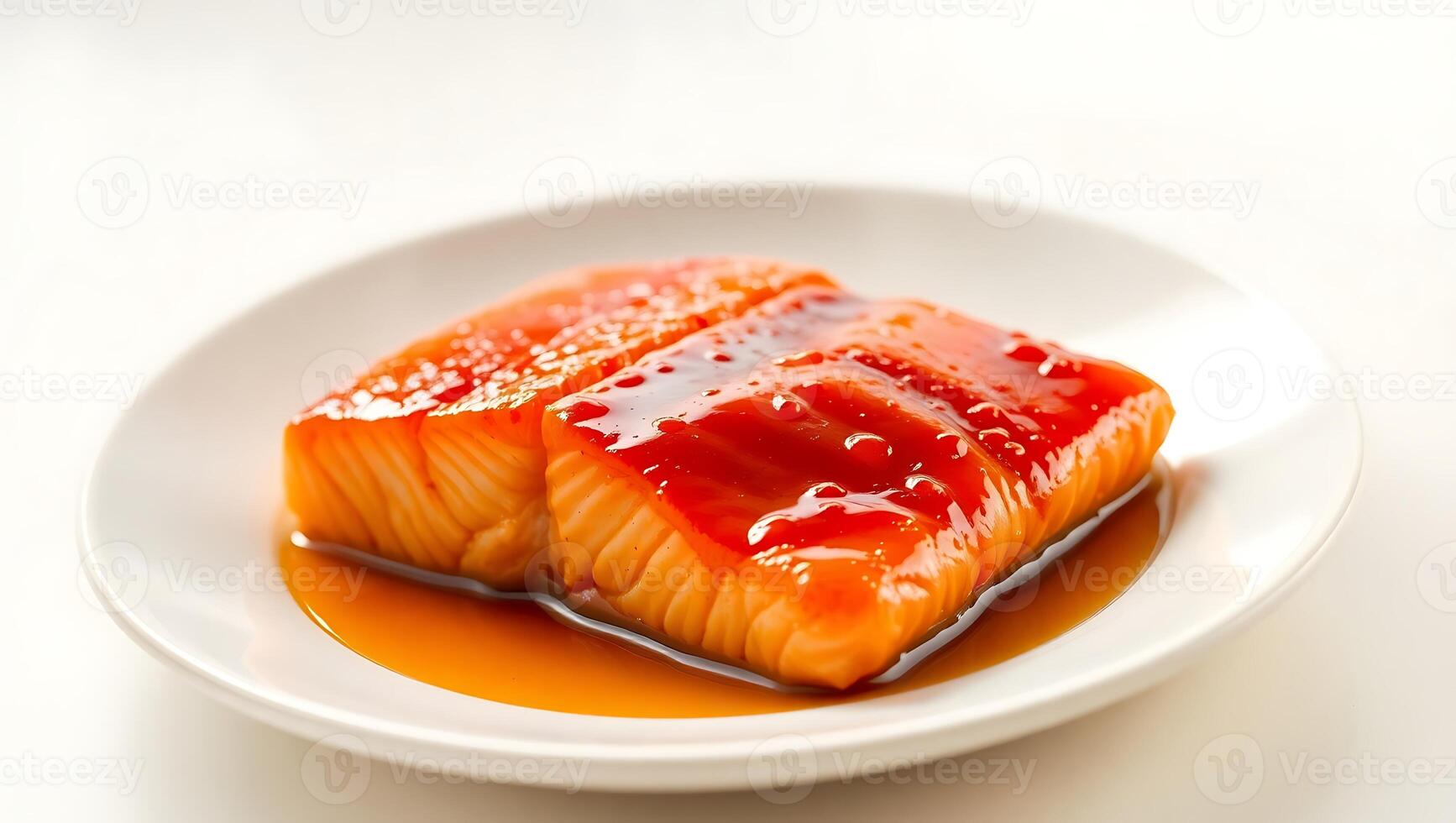 Delicious salmon fillet glazed with sauce on a white plate photo
