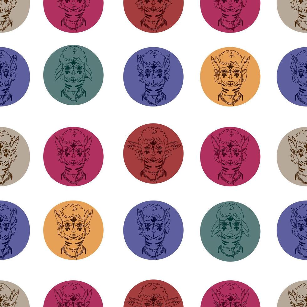 Monster template with emotional expressions. Hand drawn black and white illustrations in colored circles. Avatars of fictional characters, calm, angry, surprised, smiling and playful moods. vector