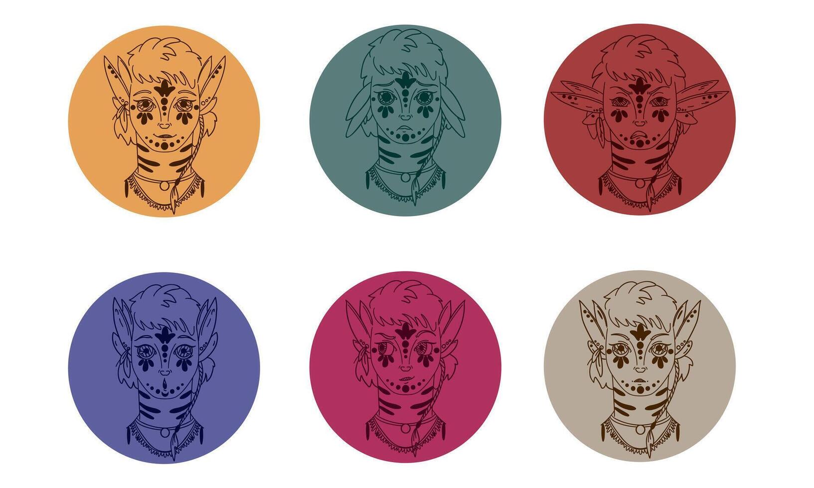 Monster set for expressing emotions. Hand drawn, doodle illustrations in black and white, ink style in colored circles. Fictional avatar. calm, angry, surprised, smiling, zayplaying. vector