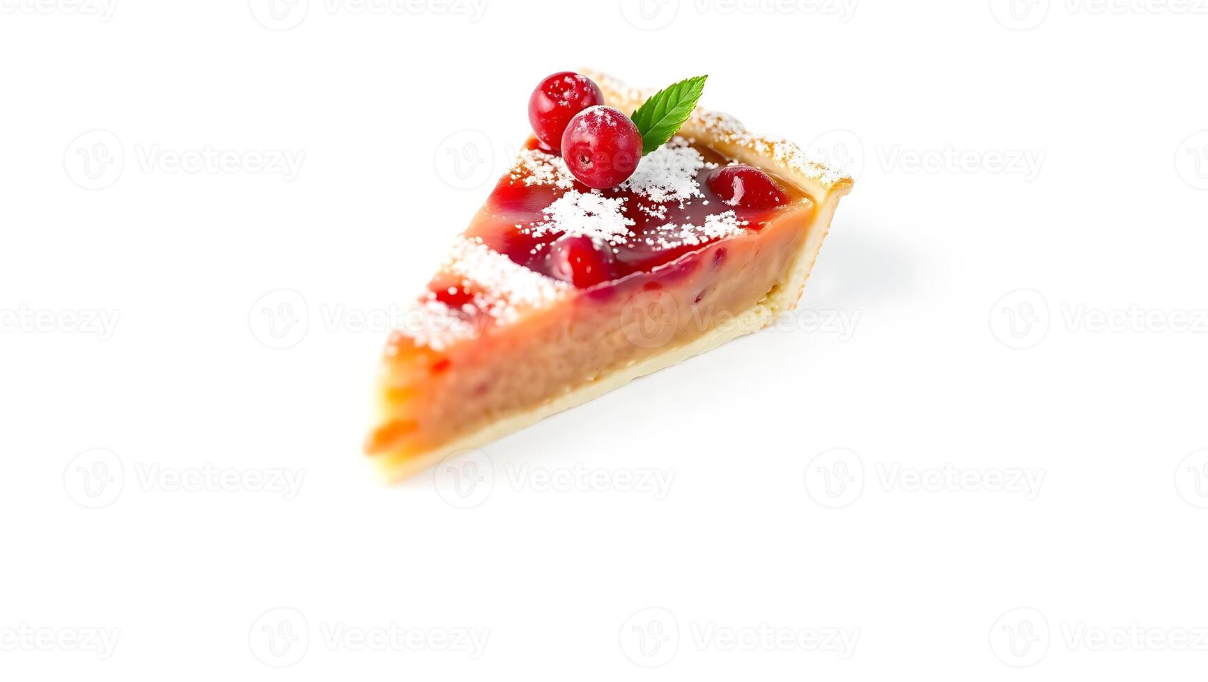 Delicious slice of cranberry tart with mint garnish on a plain surface photo