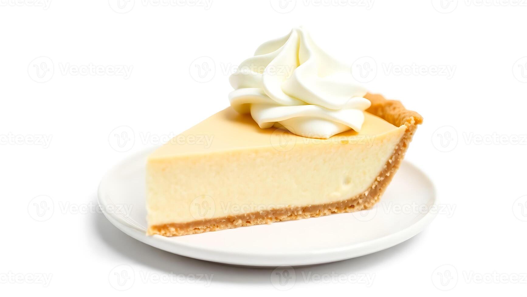 Creamy cheesecake slice with whipped cream topping served on white plate photo