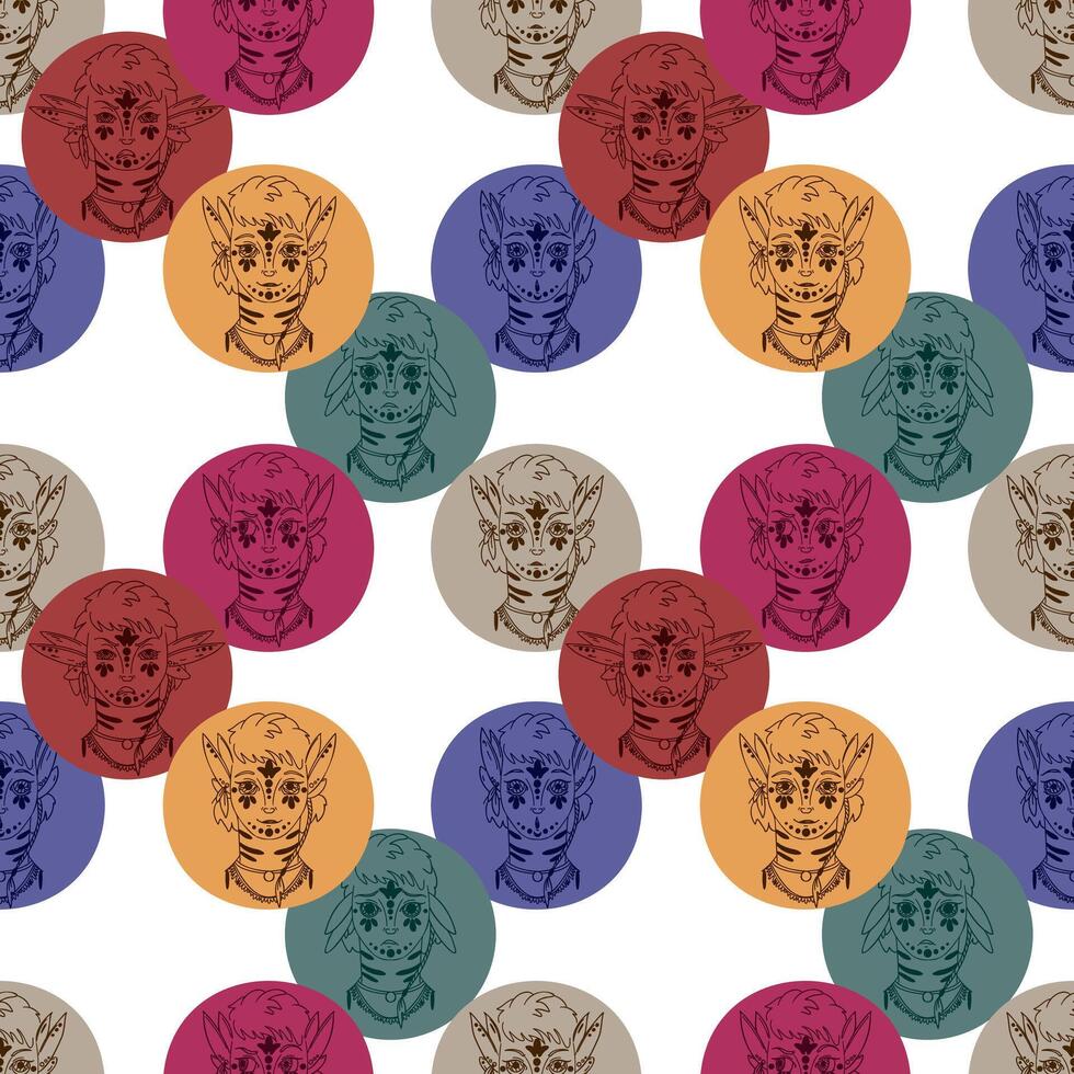 Monster pattern with different emotions. Black and white ink illustrations hand-drawn inside colored circles. Avatars of fictional characters expressing calmness, anger, surprise, smile vector