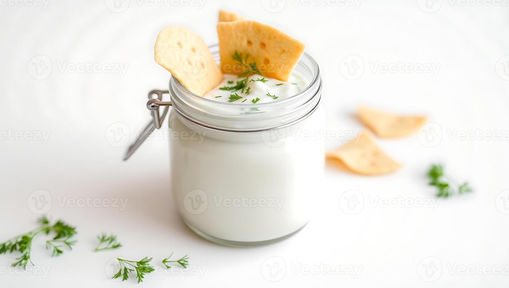 Yogurt dip with crackers and fresh herbs in a jar photo
