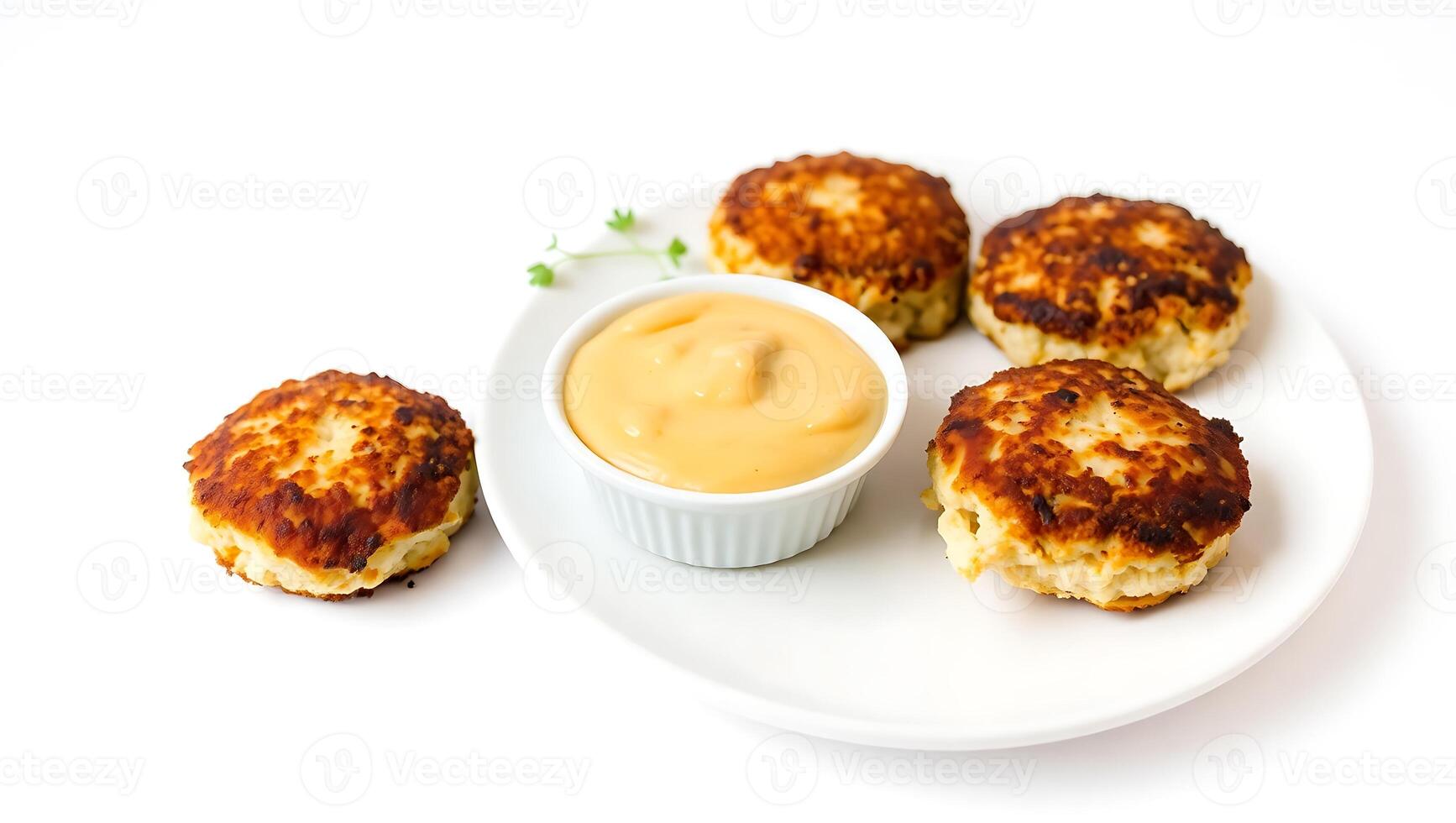 Delicious crab cakes with tangy sauce served on a white plate photo