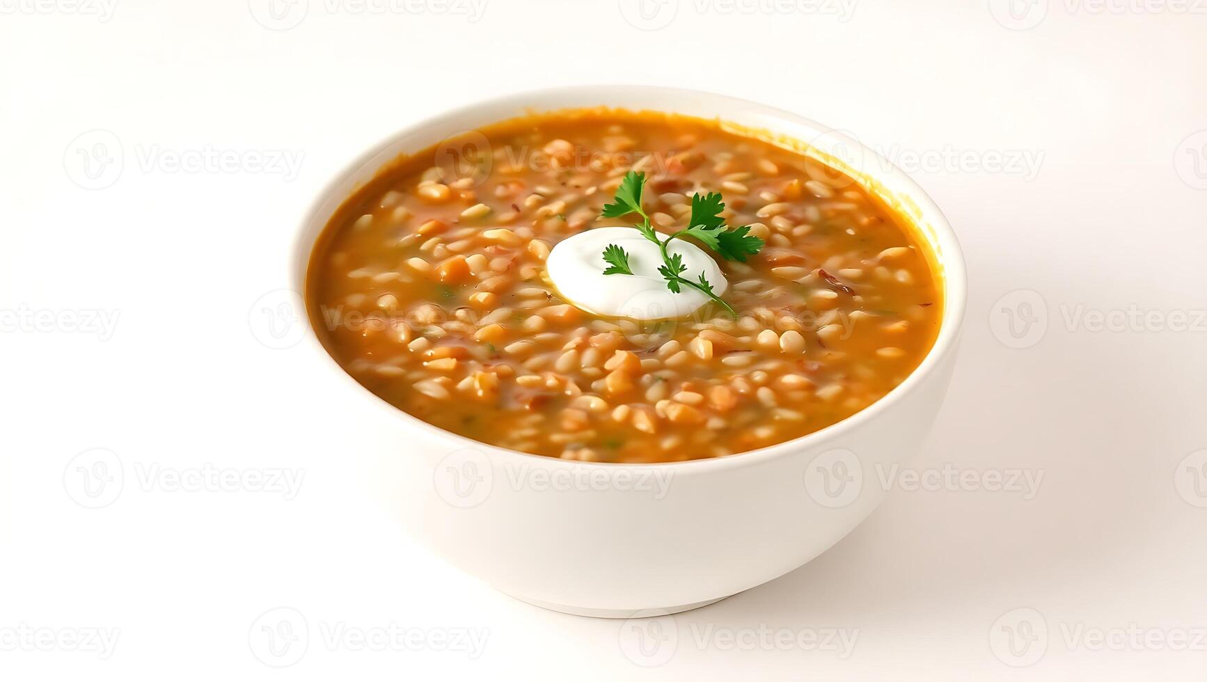Hearty barley soup in a white bowl topped with herbs and yogurt photo