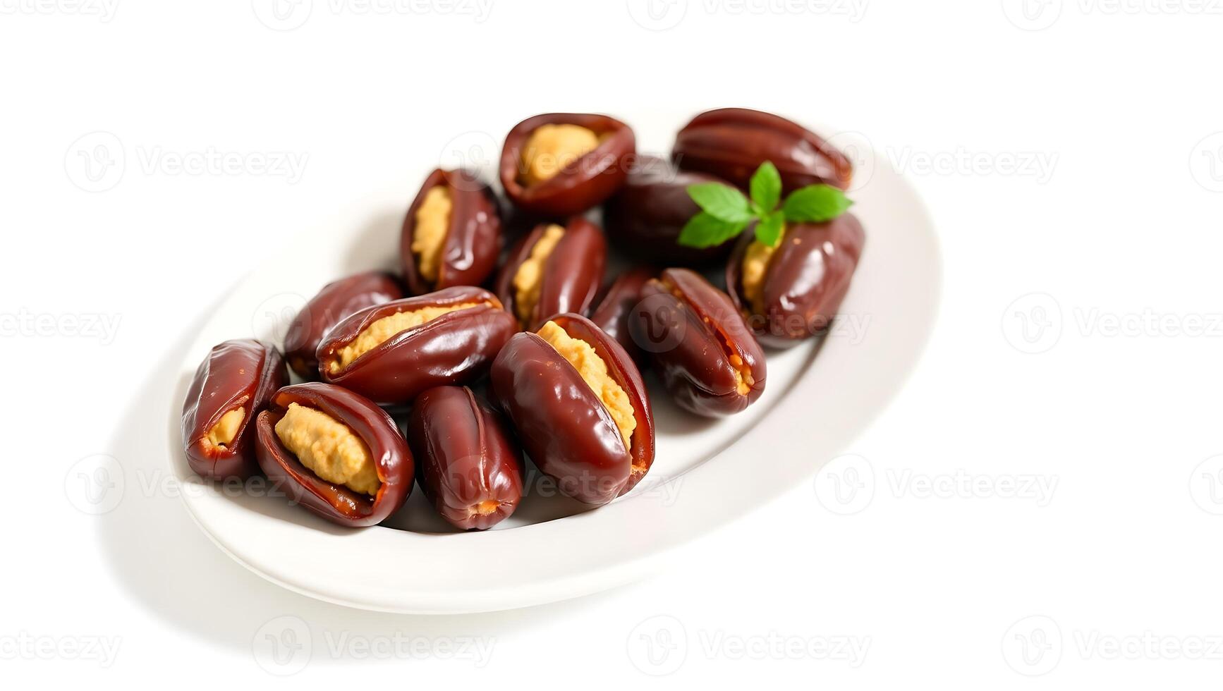Delicious stuffed dates served on a white plate with a mint garnish photo
