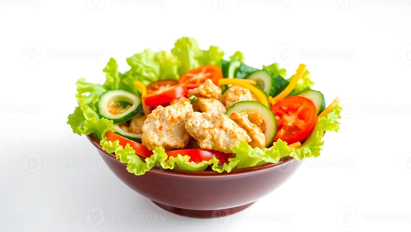 Fresh salad bowl with mixed vegetables and chicken bites photo