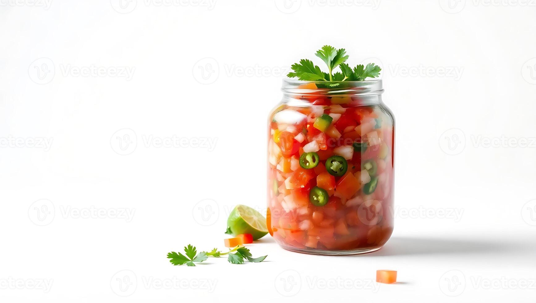 Fresh tomato salsa in a jar with lime and cilantro on white counter photo