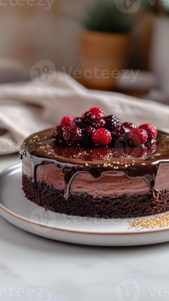 Chocolate cake with velvety chocolate cream layers and a perfectly glossy berry glaze that reflects light like glass. photo
