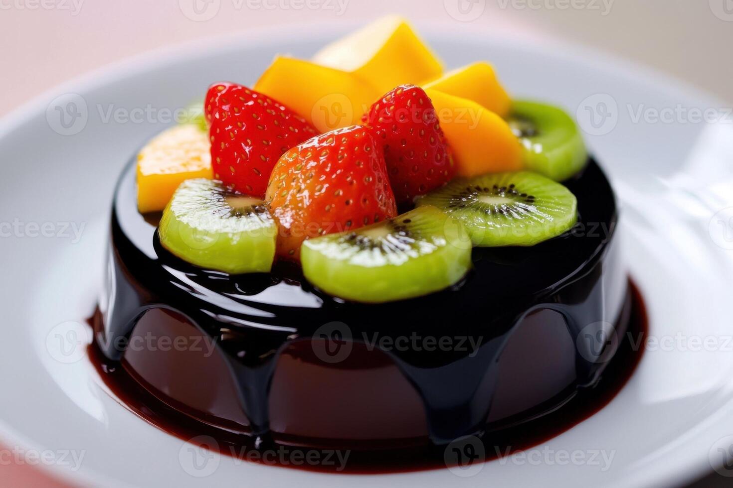 A chocolate dessert with a flawless mirror glaze and sliced vibrant fruits strawberries, kiwis, and mango. photo