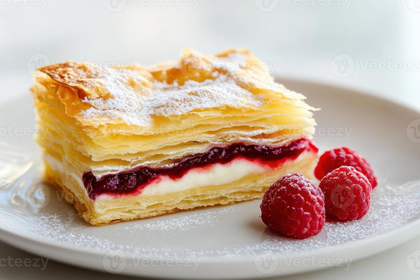 Slice of Puff pastry with cream and raspberry jam, where each layer is separated and visible. photo