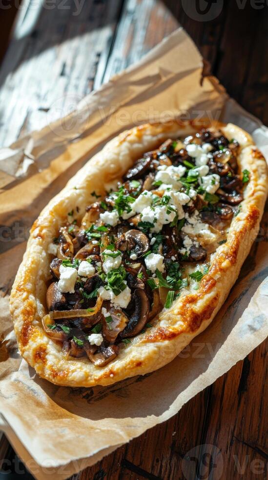 Open pie filled with caramelized onions, crumbled feta cheese, and a scatter of herbs, served on rustic craft paper. photo