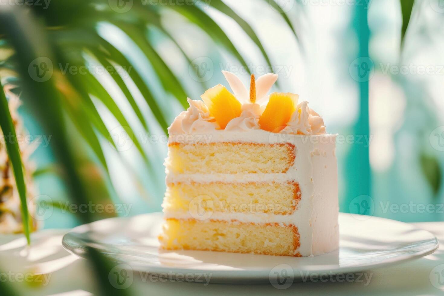 A single slice of tropical mousse cake with layers. The backdrop in soft pastel tones, blending light peach, pale yellow and creamy pink evoking a tropical, sunny vibe. photo