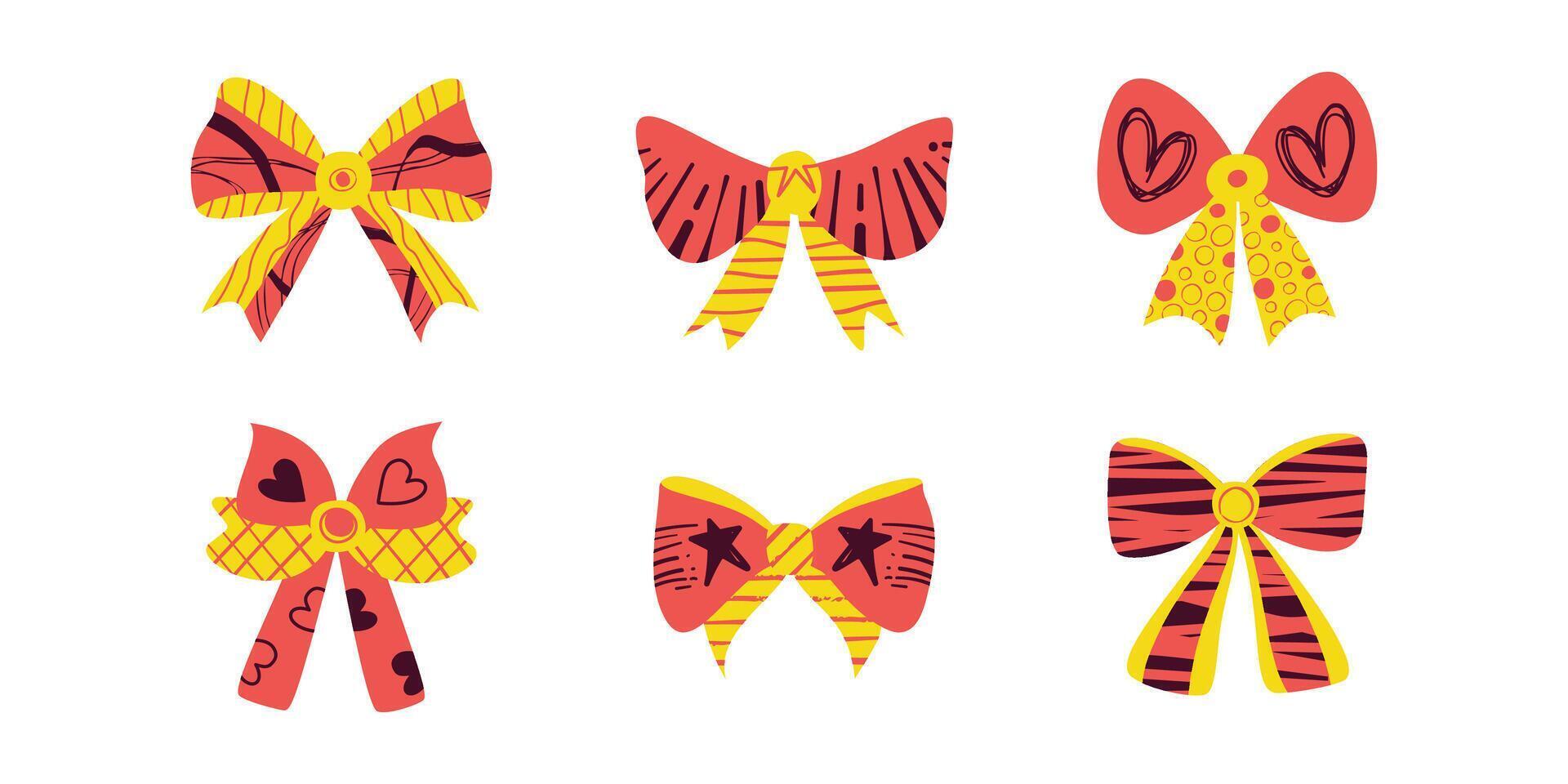Set of colorful isolated textured bows or ribbons in a flat style vector