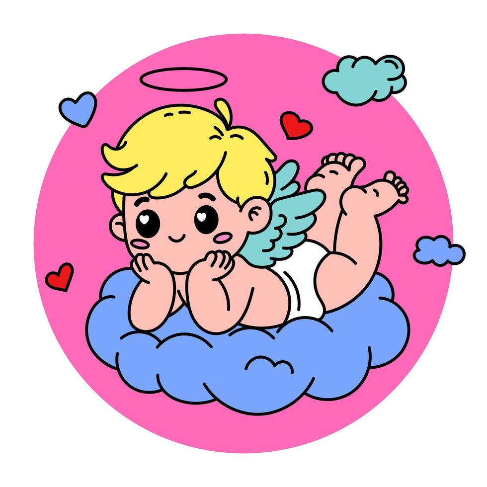 illustration of adorable dreamy Cupid resting on a cloud. Perfect for Valentine's Day and love themes designs vector