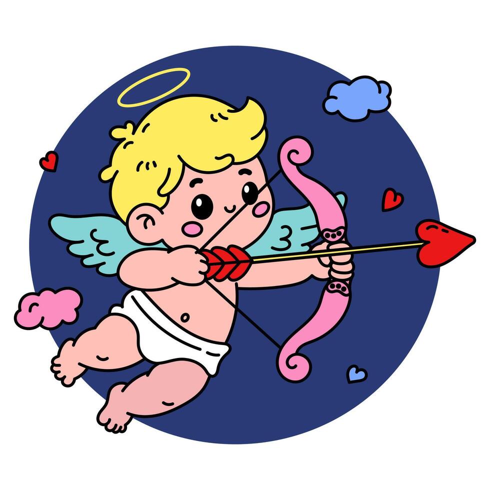 Adorable Cupid illustration with bow and arrow, flying among clouds. Perfect for Valentine's Day and love themes vector