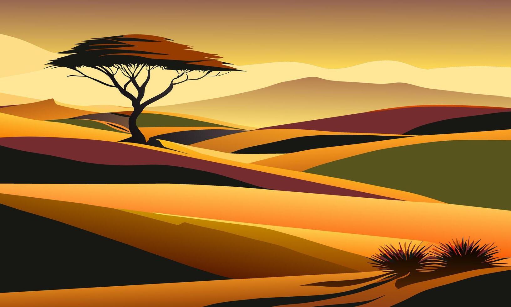 Sand desert landscape with dunes and plants, illustration. vector